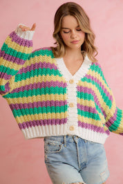 Carnival Club Open Knit Stripe Cardigan - Purple Green Yellow