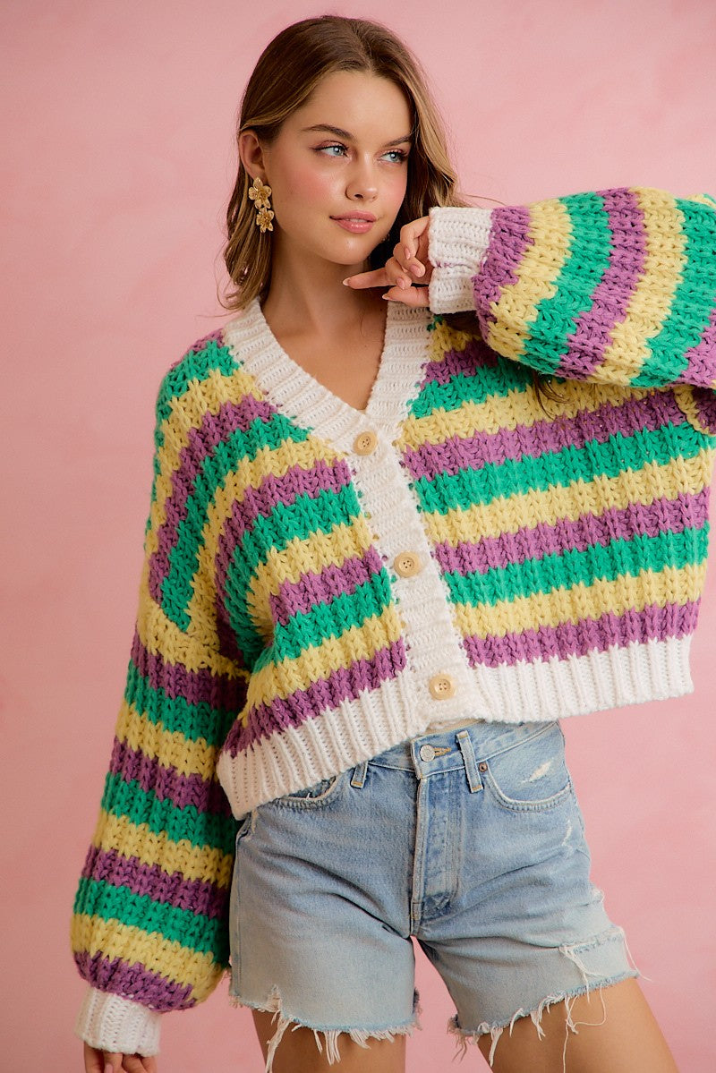Carnival Club Open Knit Stripe Cardigan - Purple Green Yellow