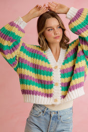 Carnival Club Open Knit Stripe Cardigan - Purple Green Yellow