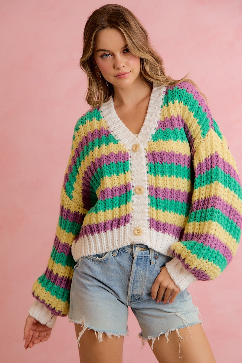 Carnival Club Open Knit Stripe Cardigan - Purple Green Yellow
