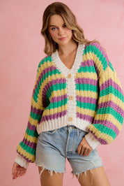 Carnival Club Open Knit Stripe Cardigan - Purple Green Yellow