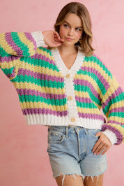 Carnival Club Open Knit Stripe Cardigan - Purple Green Yellow