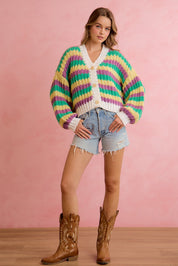 Carnival Club Open Knit Stripe Cardigan - Purple Green Yellow