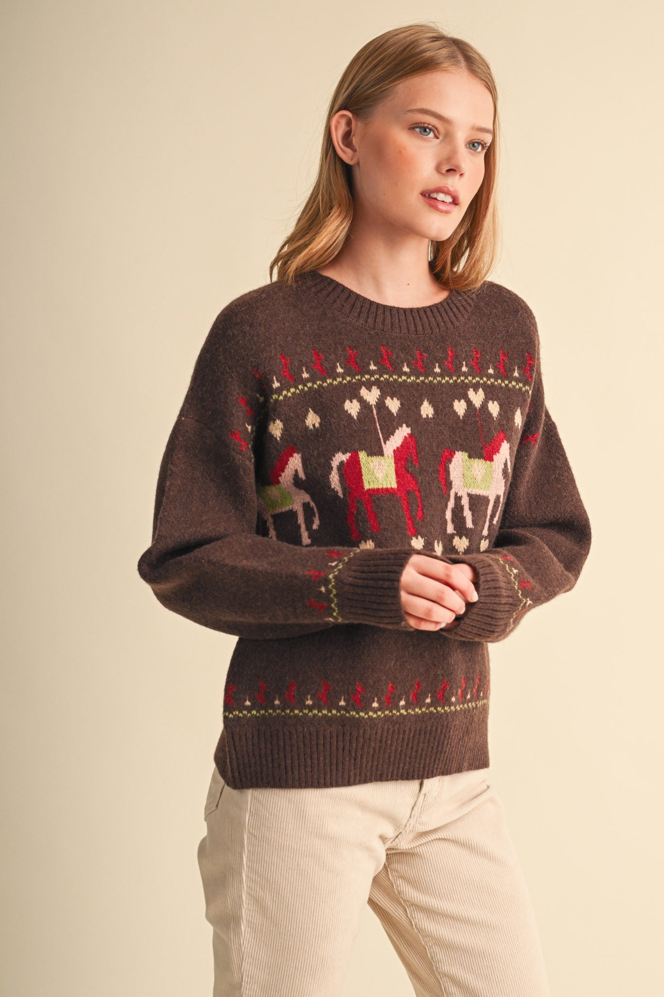 Carousel Waltz Horse Motif Sweater in Chocolate Multi, photo 6