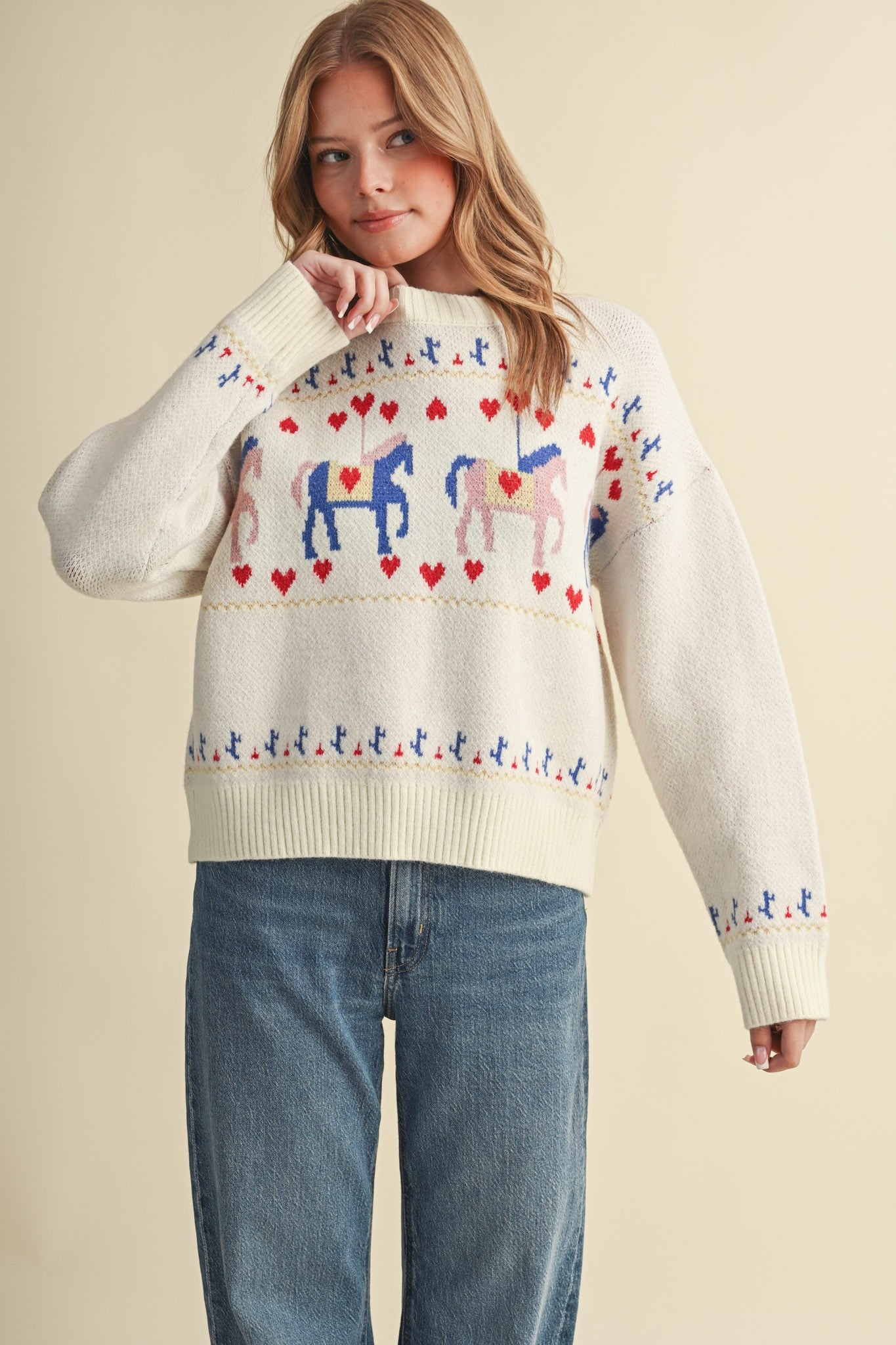 Carousel Waltz Horse Motif Sweater in Ivory Multi, photo 4
