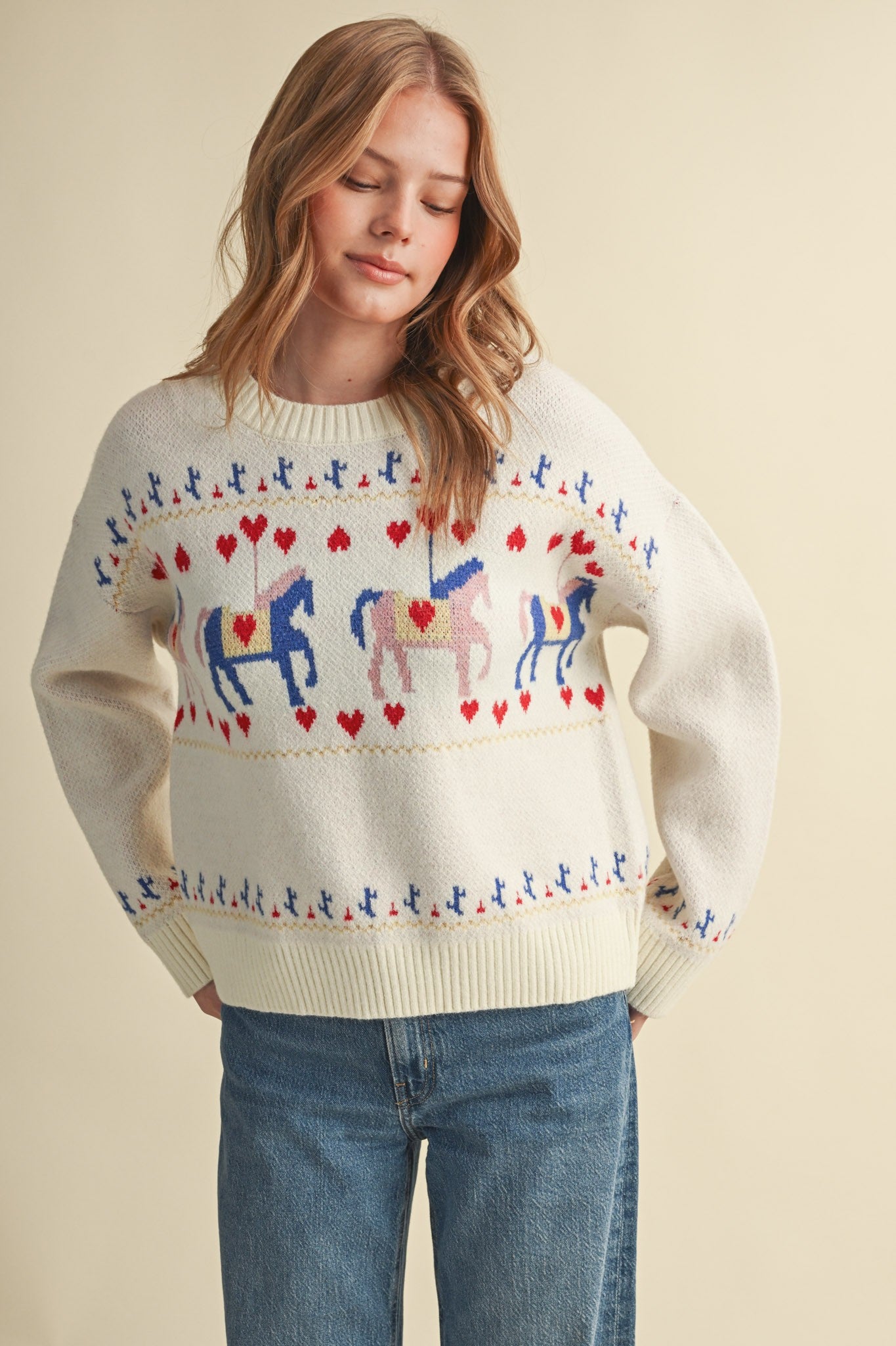 Carousel Waltz Horse Motif Sweater in Ivory Multi, photo 6