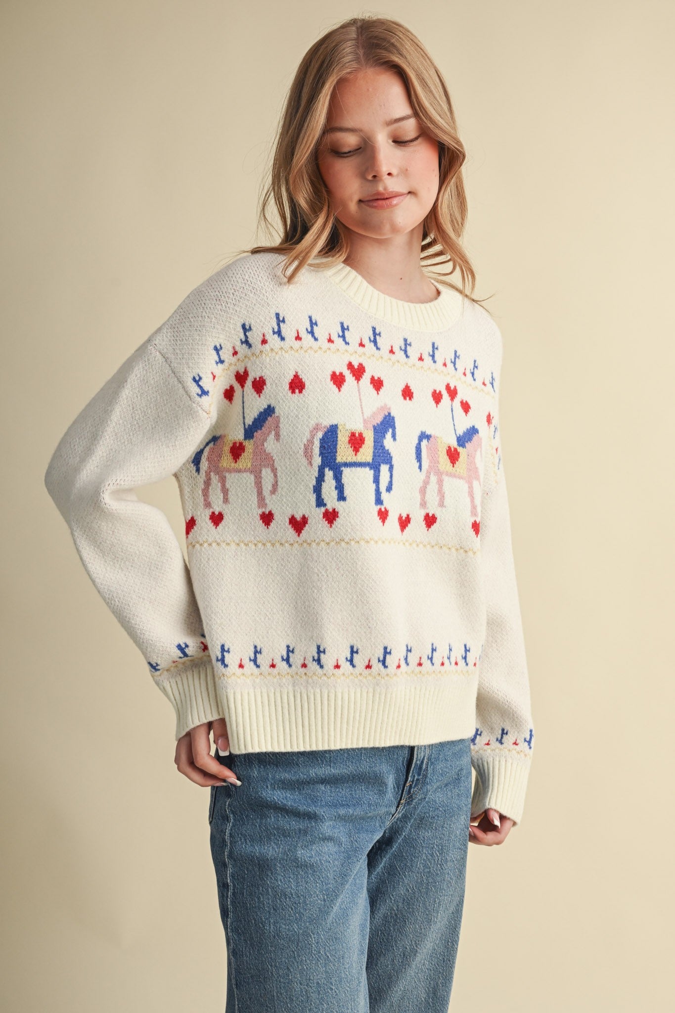 Carousel Waltz Horse Motif Sweater in Ivory Multi, photo 7