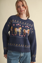 Carousel Waltz Horse Motif Sweater in Navy Multi, photo 1