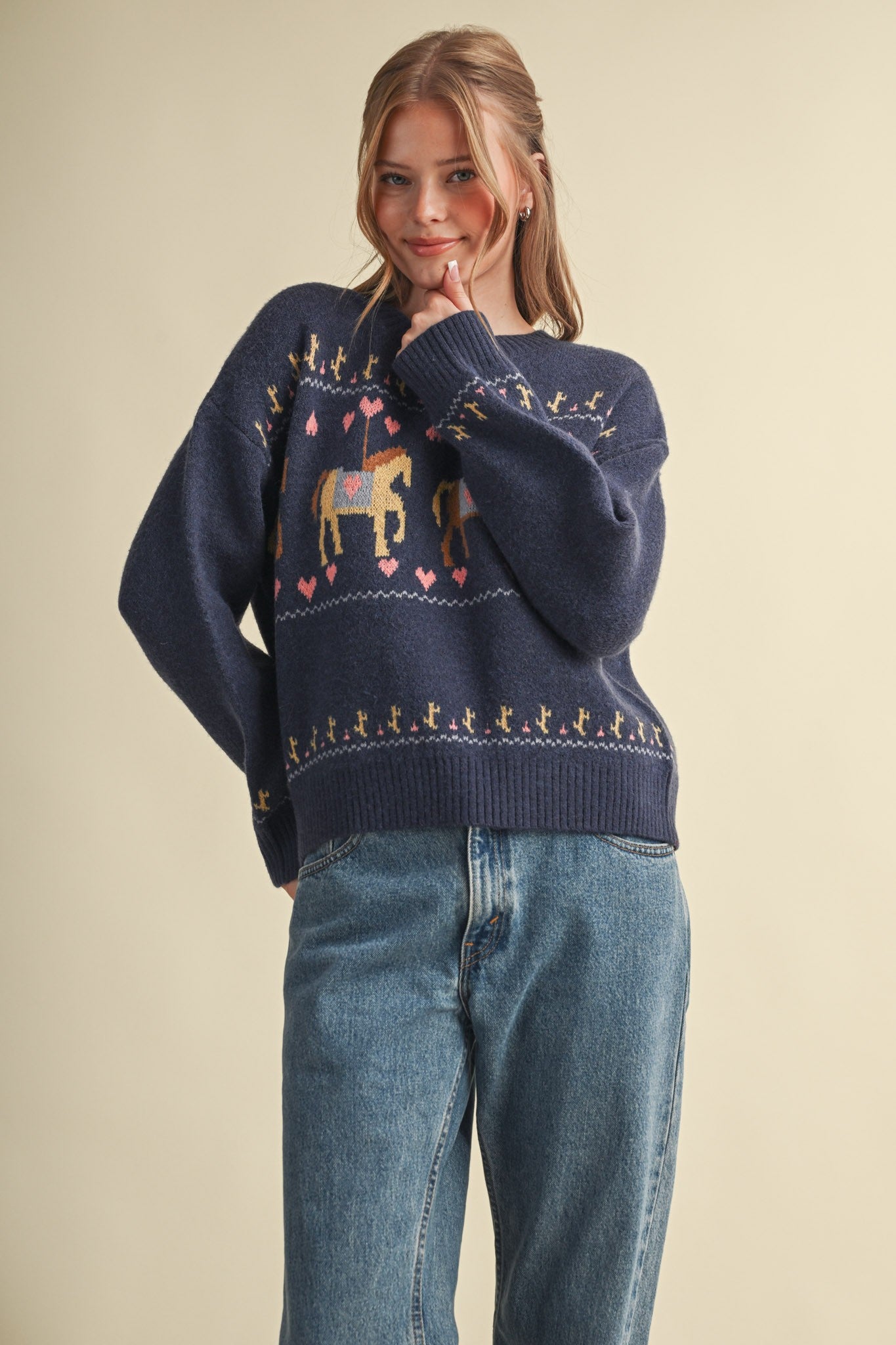 Carousel Waltz Horse Motif Sweater in Navy Multi, photo 2
