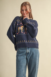 Carousel Waltz Horse Motif Sweater in Navy Multi, photo 2
