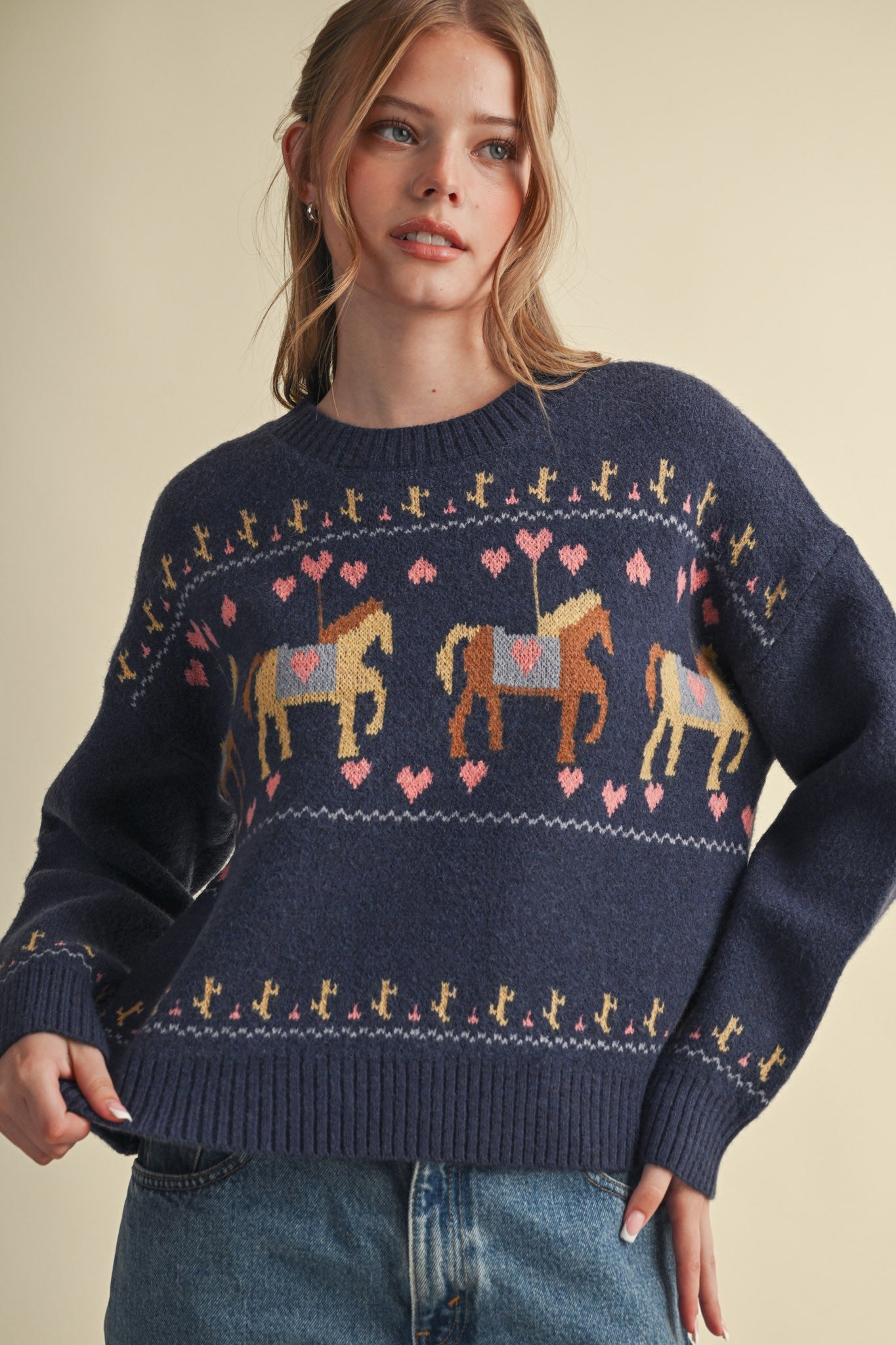 Carousel Waltz Horse Motif Sweater in Navy Multi, photo 3