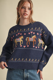 Carousel Waltz Horse Motif Sweater in Navy Multi, photo 3