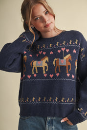 Carousel Waltz Horse Motif Sweater in Navy Multi, photo 4