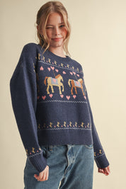Carousel Waltz Horse Motif Sweater in Navy Multi, photo 5