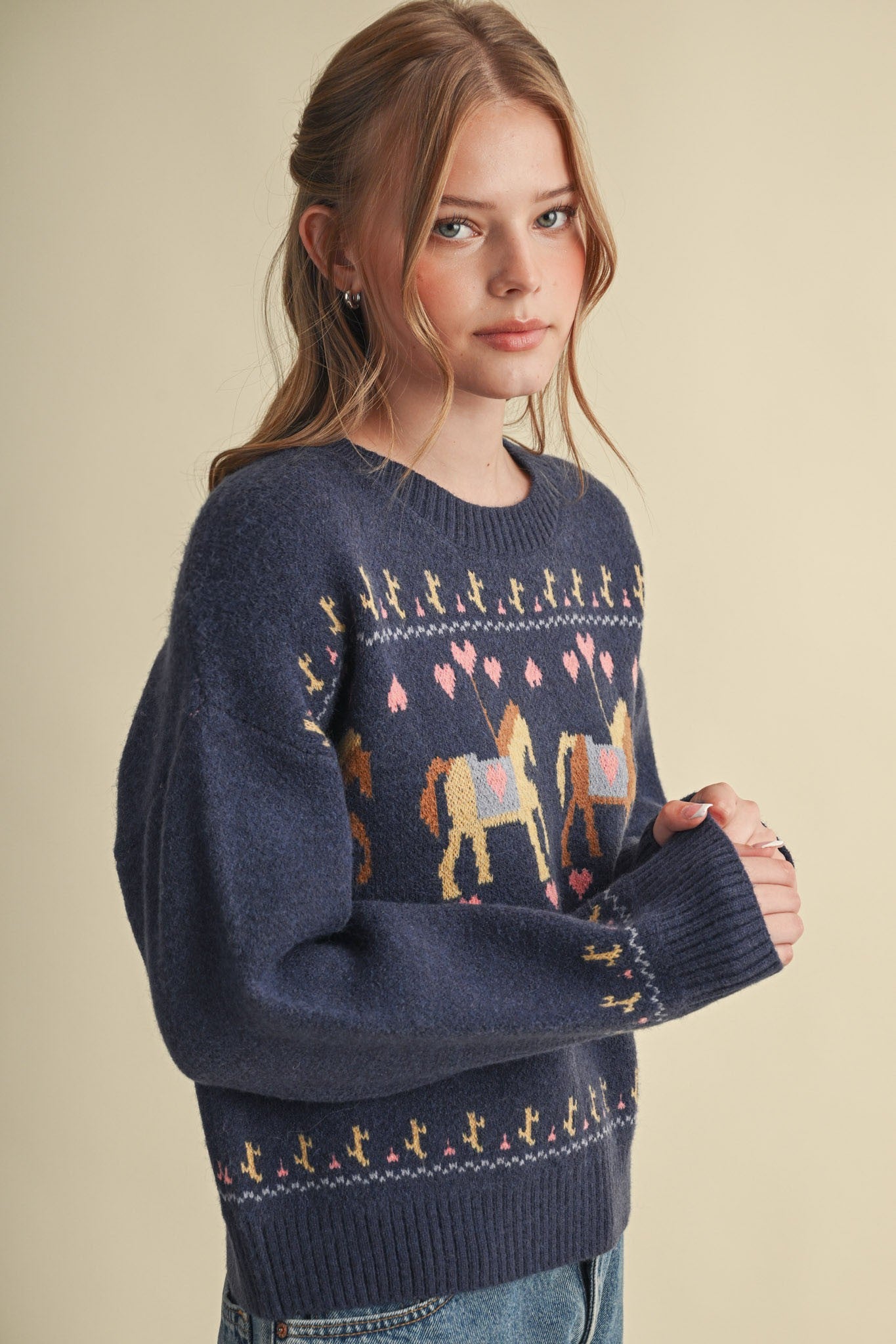 Carousel Waltz Horse Motif Sweater in Navy Multi, photo 7