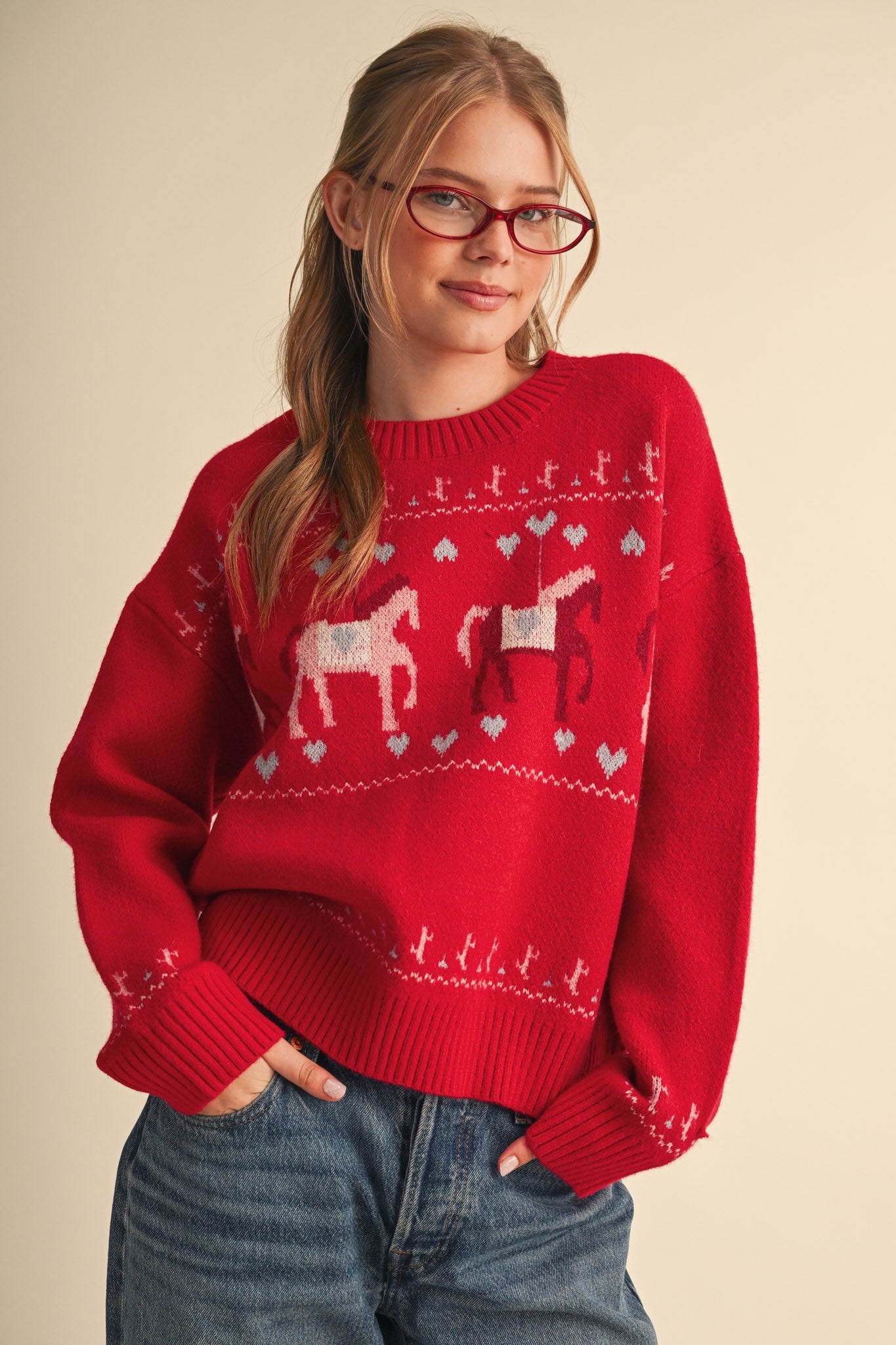 Carousel Waltz Horse Motif Sweater in Red Multi, photo 2