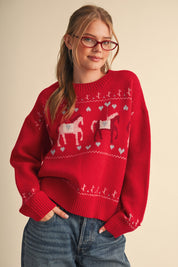 Carousel Waltz Horse Motif Sweater in Red Multi, photo 2