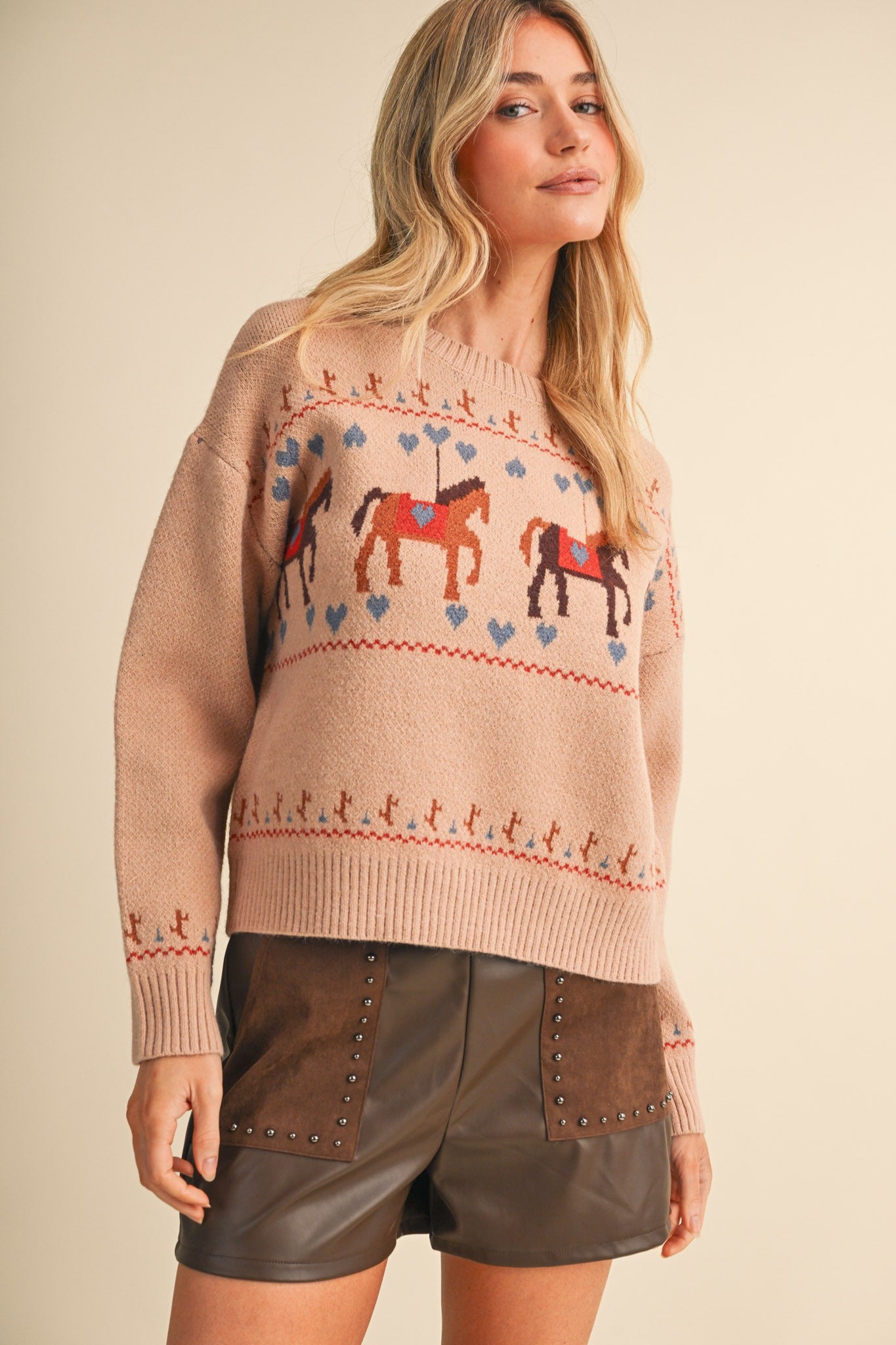 Carousel Waltz Horse Motif Sweater in Taupe Multi, photo 3