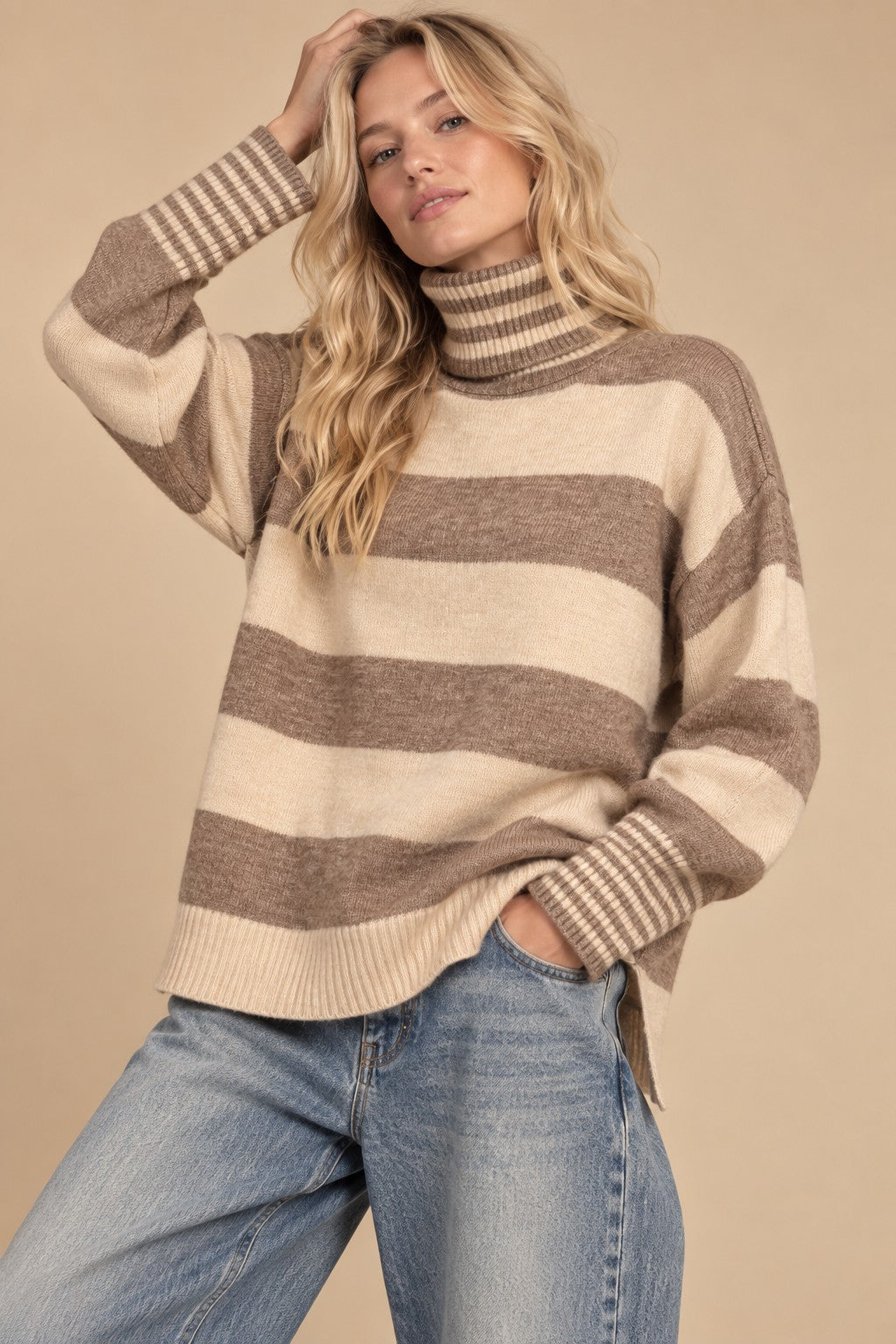 Carrick Striped Turtleneck Sweater in Taupe, photo 1