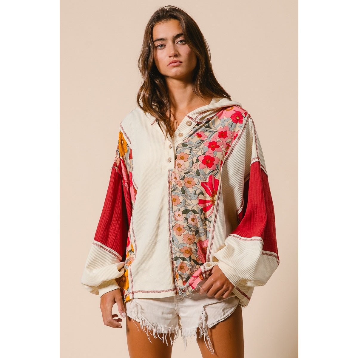 Carson Knit and Print Mixed Hoodie Top - Westly