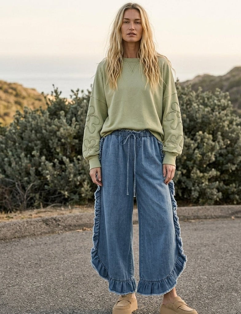 Catalina Frayed Ruffle Hem Denim Pants - Westly