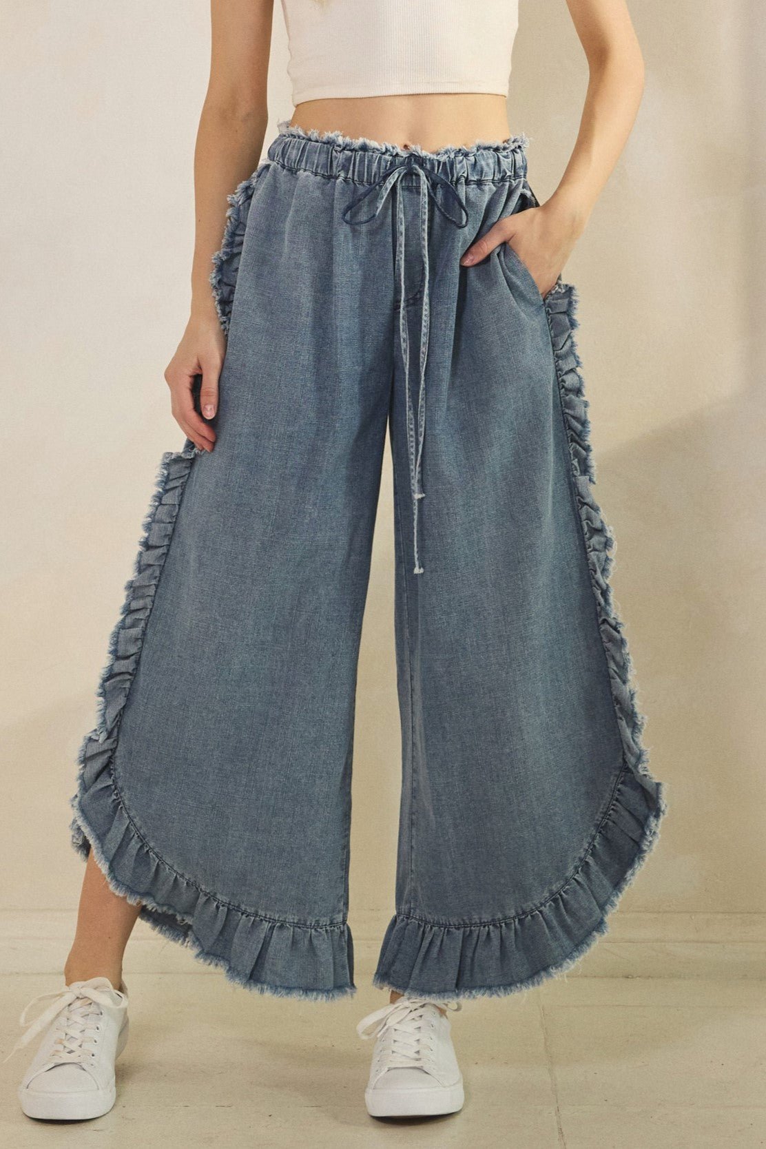 Catalina Frayed Ruffle Hem Denim Pants - Westly