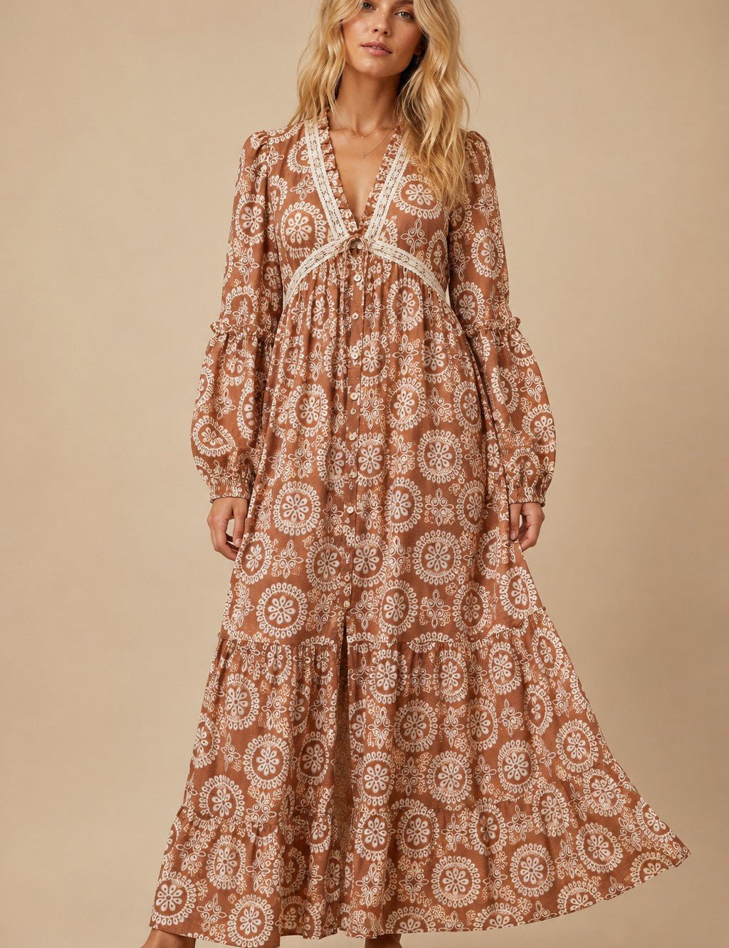 Cecily Lace Trim Medallion Maxi Dress - Westly