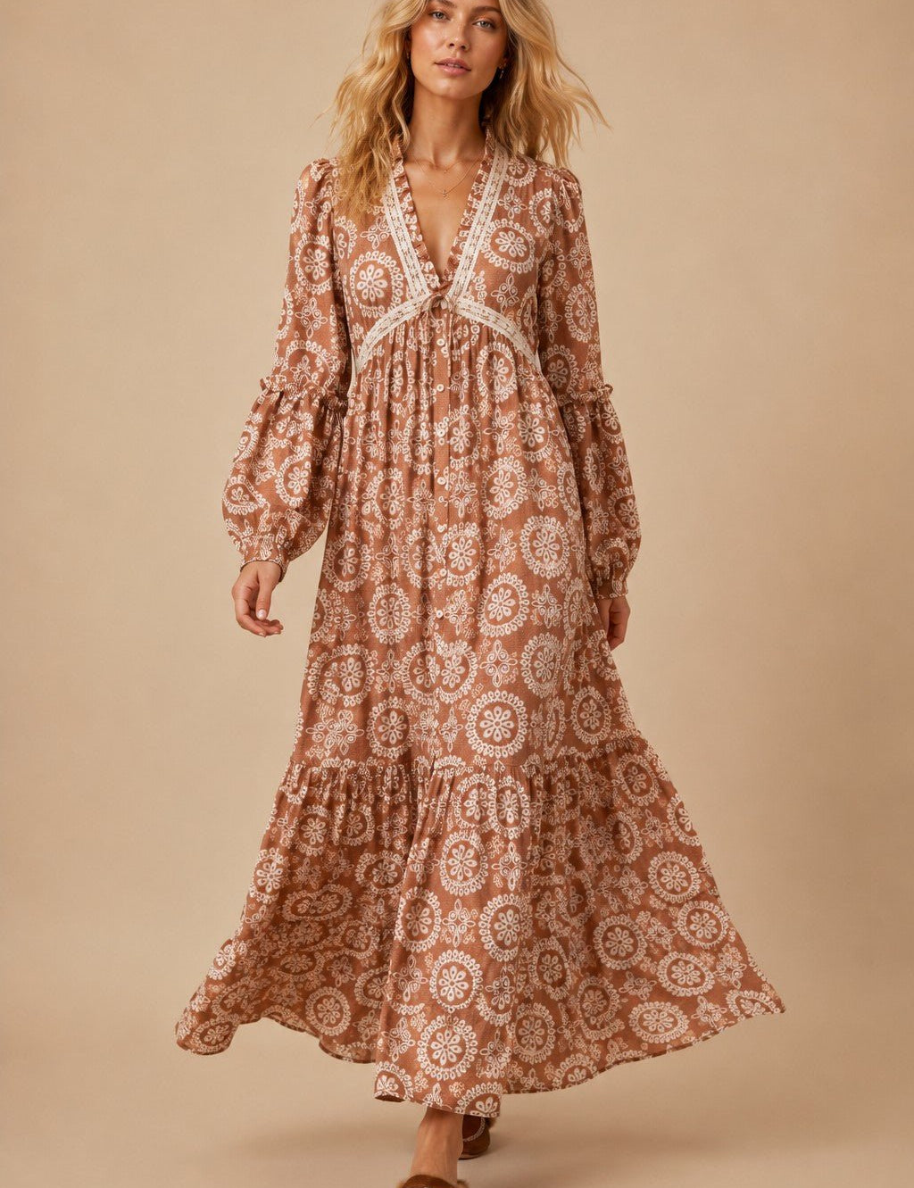 Cecily Lace Trim Medallion Maxi Dress - Westly