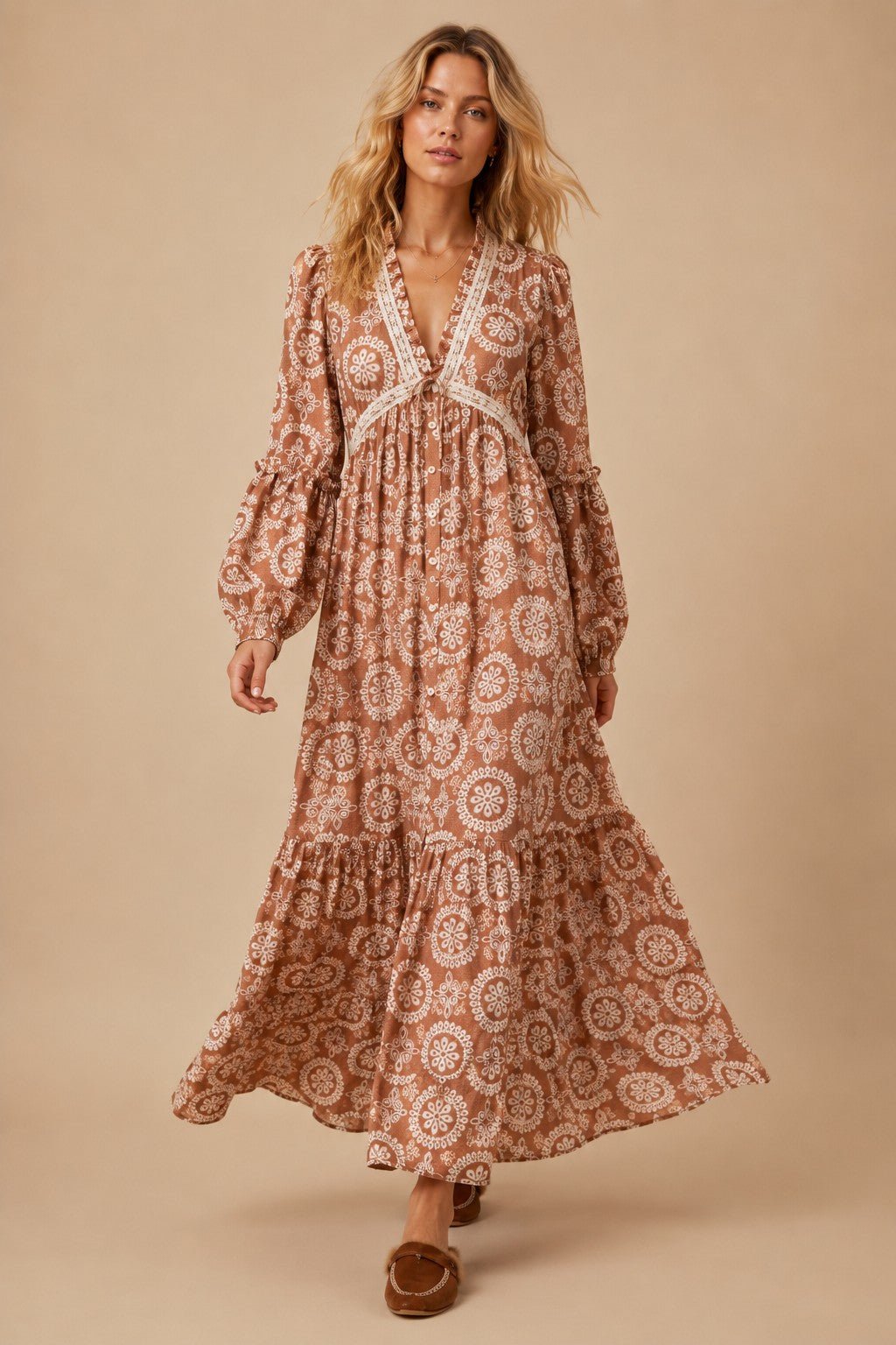 Cecily Lace Trim Medallion Maxi Dress - Westly