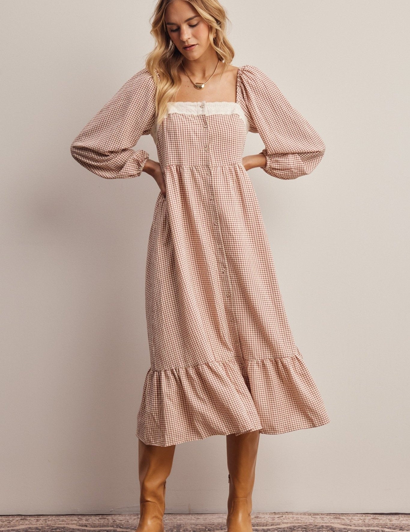 Celandine Lace Trim Gingham Midi Dress - Westly