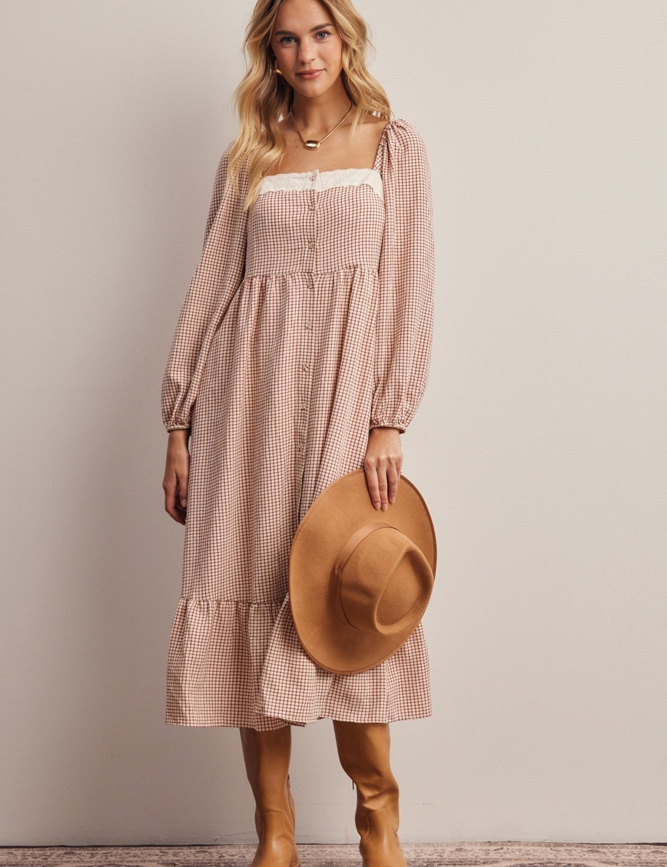 Celandine Lace Trim Gingham Midi Dress - Westly