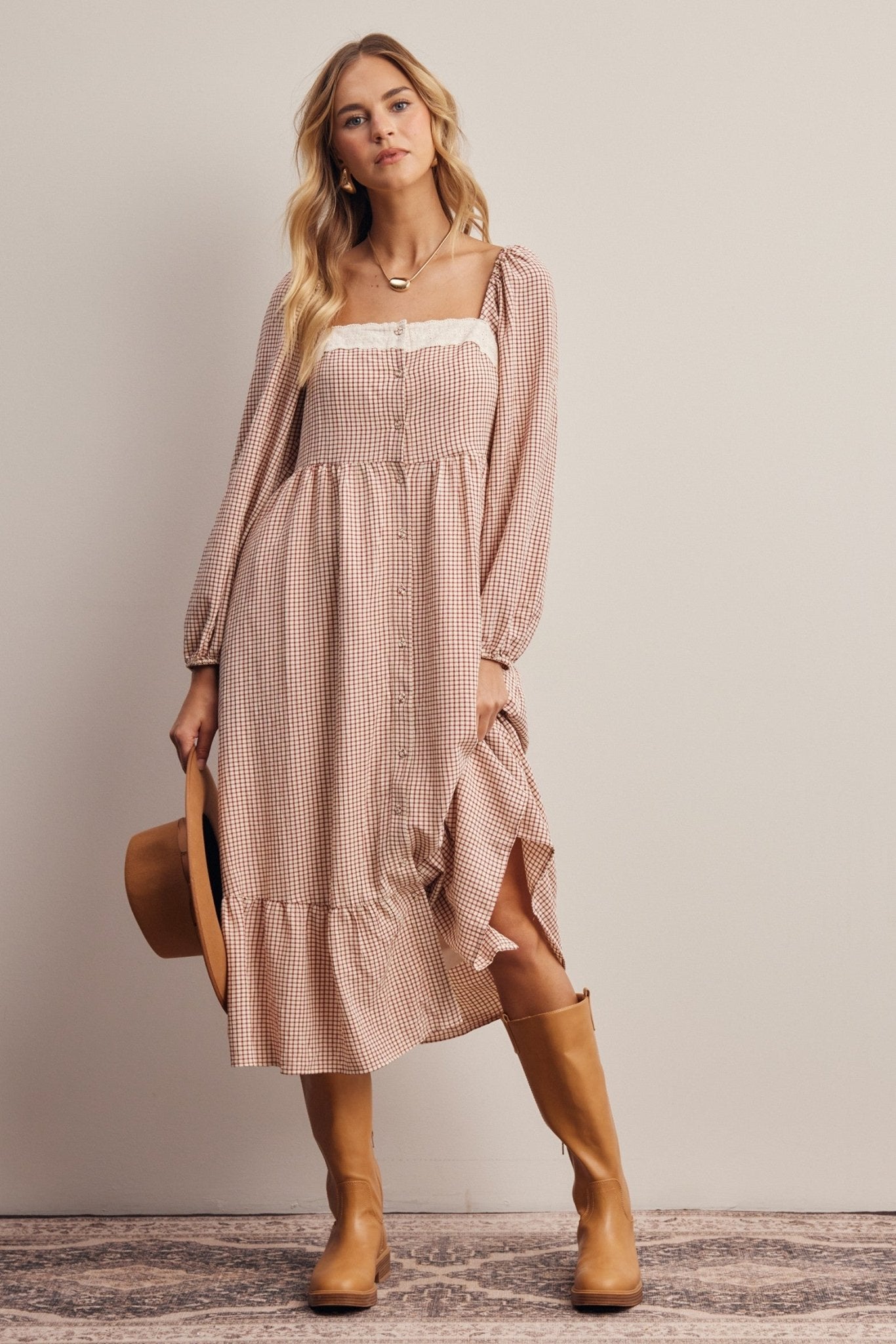 Celandine Lace Trim Gingham Midi Dress - Westly