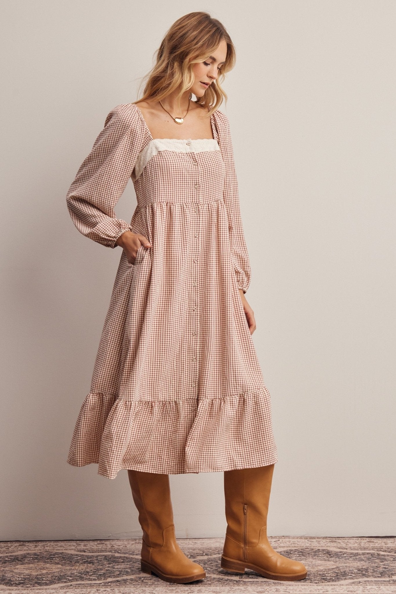Celandine Lace Trim Gingham Midi Dress - Westly