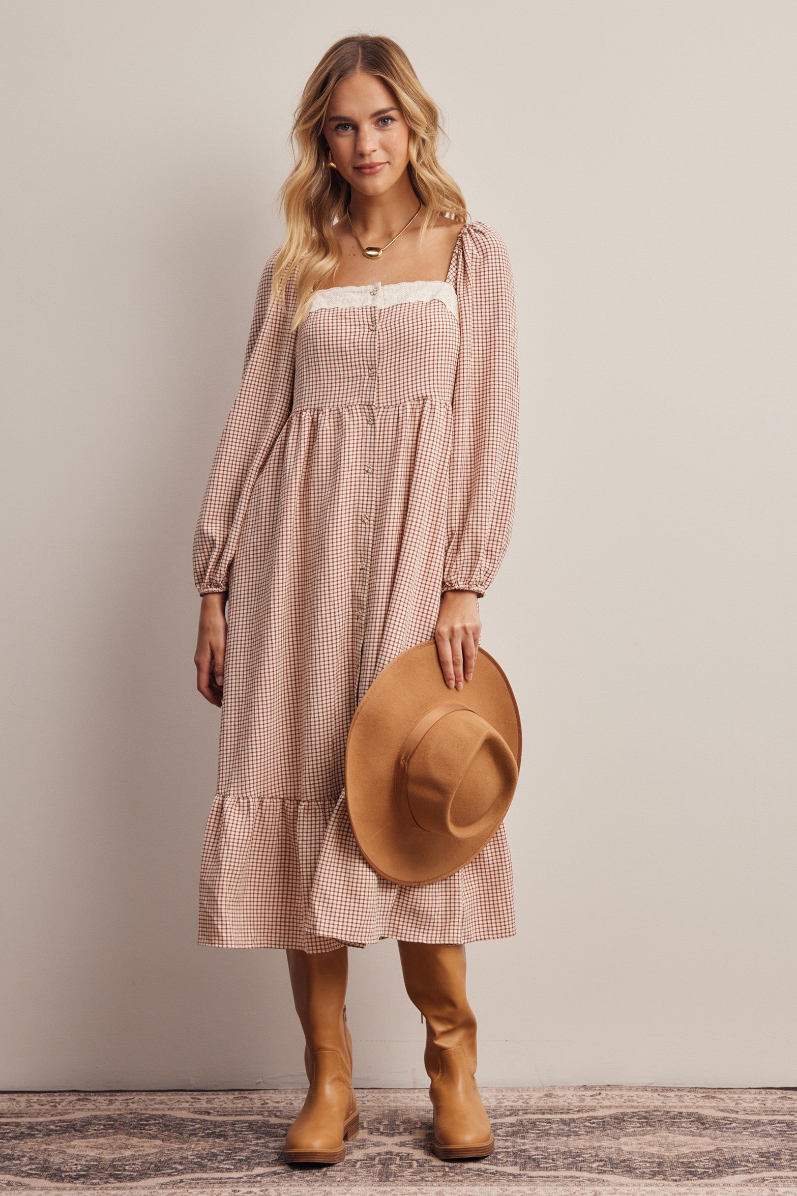 Celandine Lace Trim Gingham Midi Dress in Ivory Red, photo 1