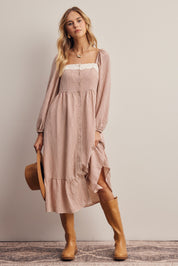 Celandine Lace Trim Gingham Midi Dress in Ivory Red, photo 2