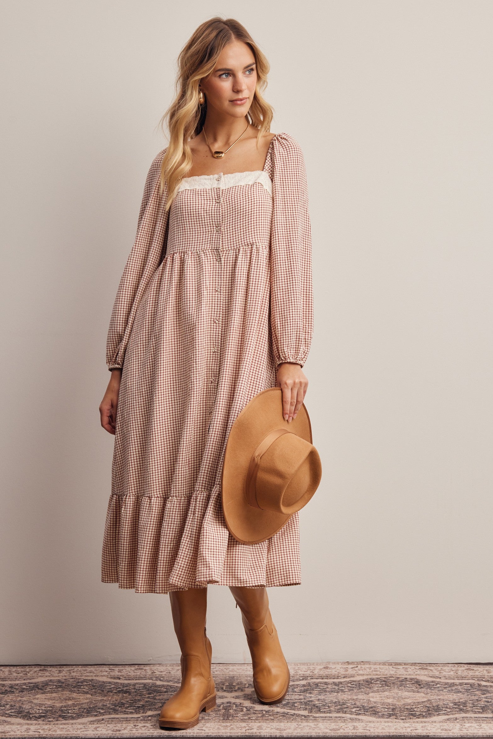 Celandine Lace Trim Gingham Midi Dress in Ivory Red, photo 3