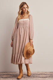 Celandine Lace Trim Gingham Midi Dress in Ivory Red, photo 3