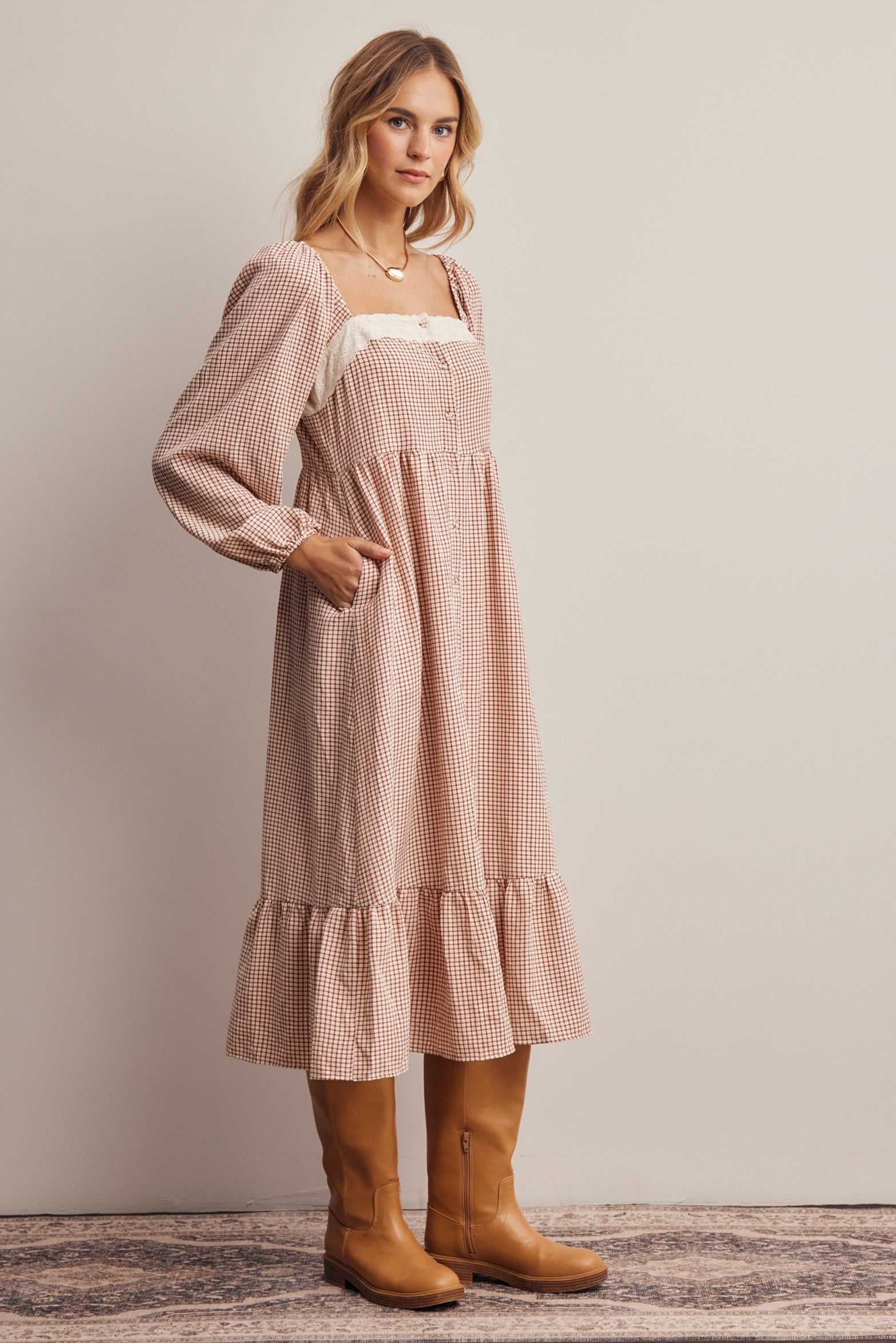 Celandine Lace Trim Gingham Midi Dress in Ivory Red, photo 5