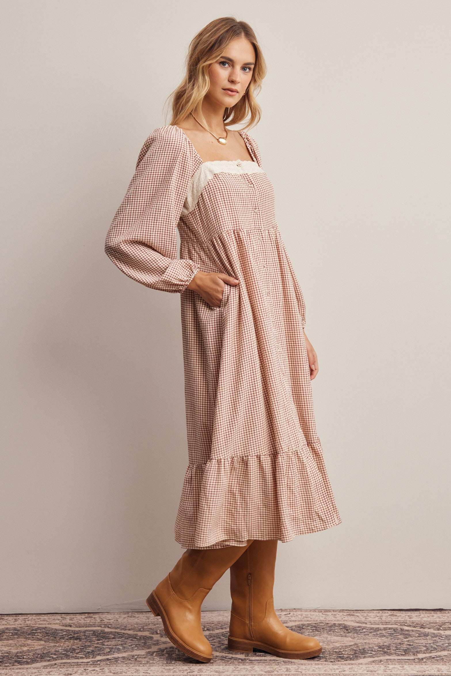 Celandine Lace Trim Gingham Midi Dress in Ivory Red, photo 6