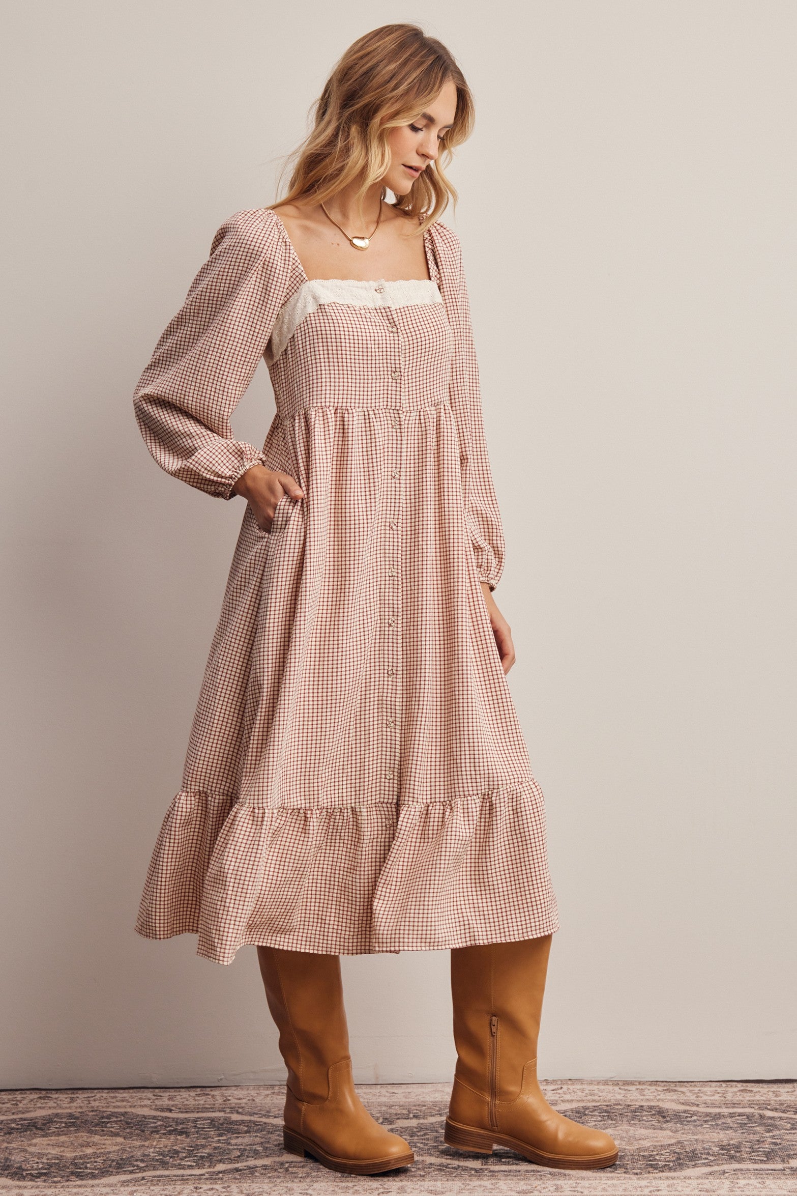 Celandine Lace Trim Gingham Midi Dress in Ivory Red, photo 7