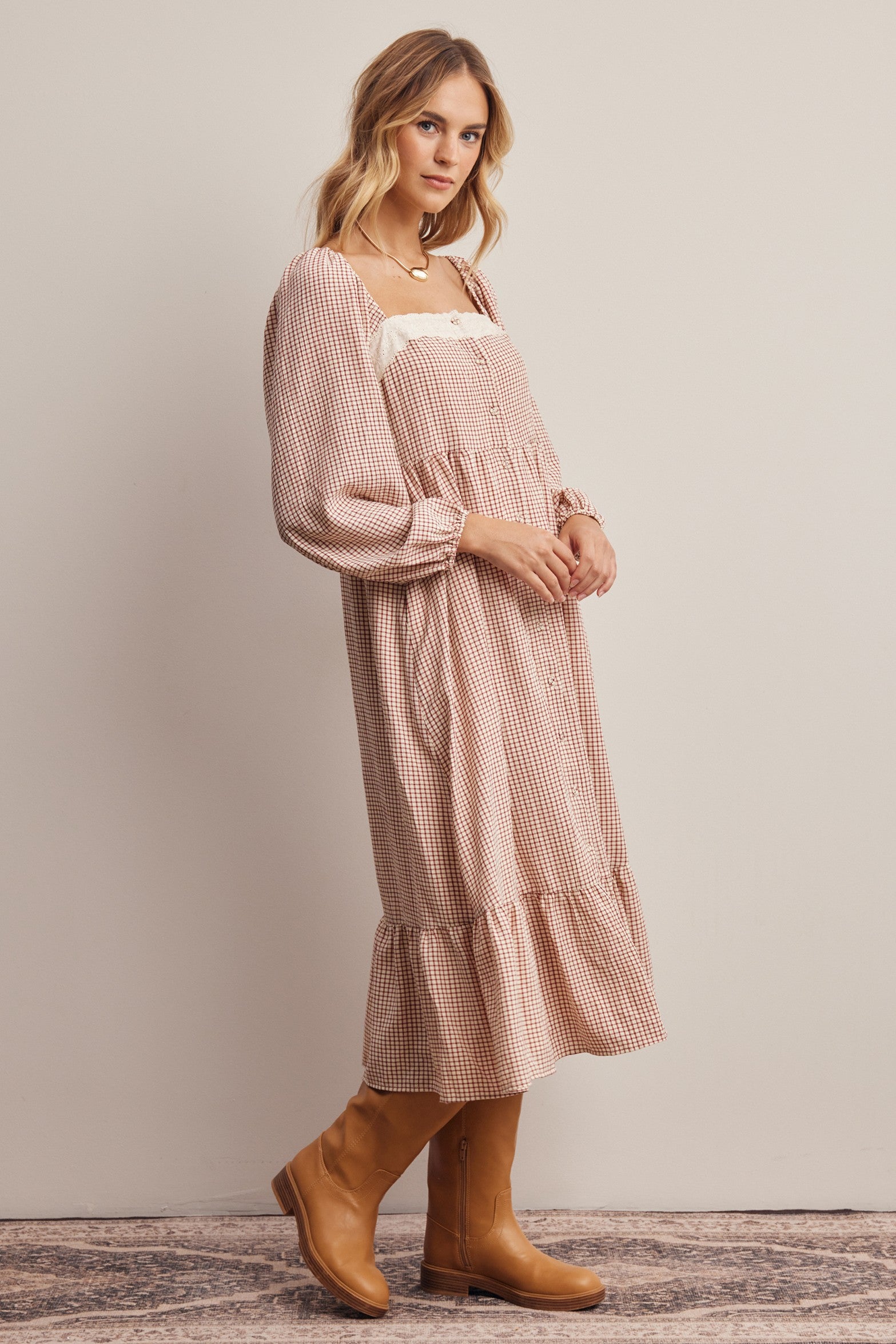 Celandine Lace Trim Gingham Midi Dress in Ivory Red, photo 8