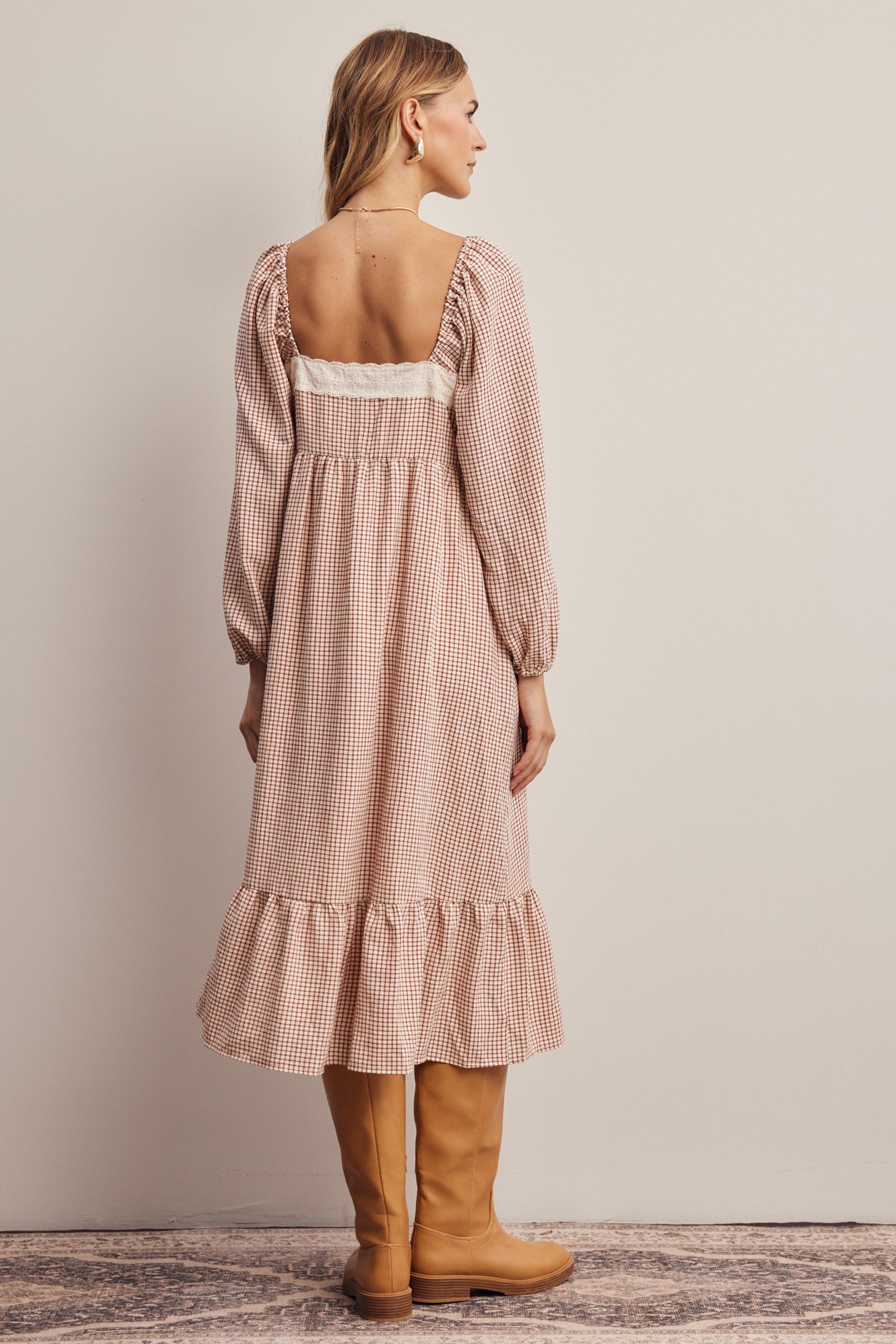 Celandine Lace Trim Gingham Midi Dress in Ivory Red, photo 9