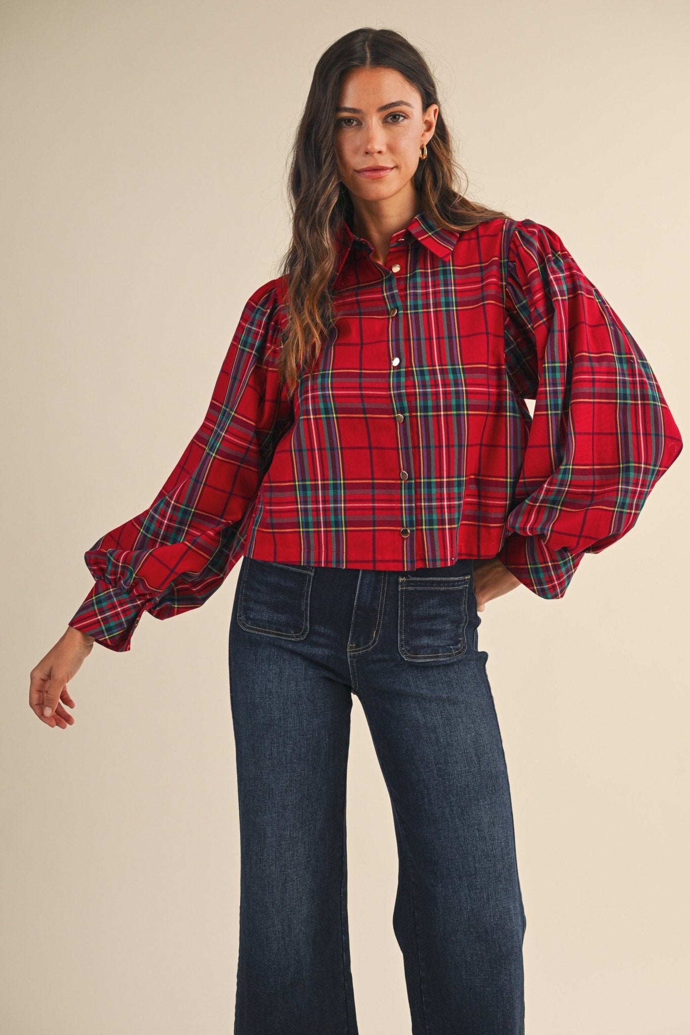 Celia Plaid Puff Sleeve Blouse - Westly