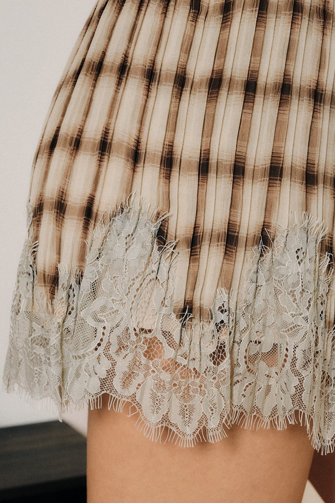 Checkmate Lace Trim Pleated Shorts - Cream Taupe Check