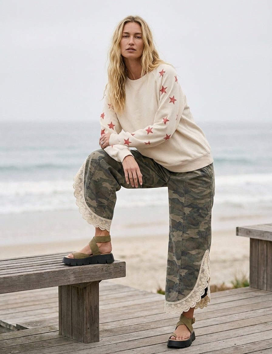 Chloe Lace Hem Tulip Washed Camo Pants - Westly