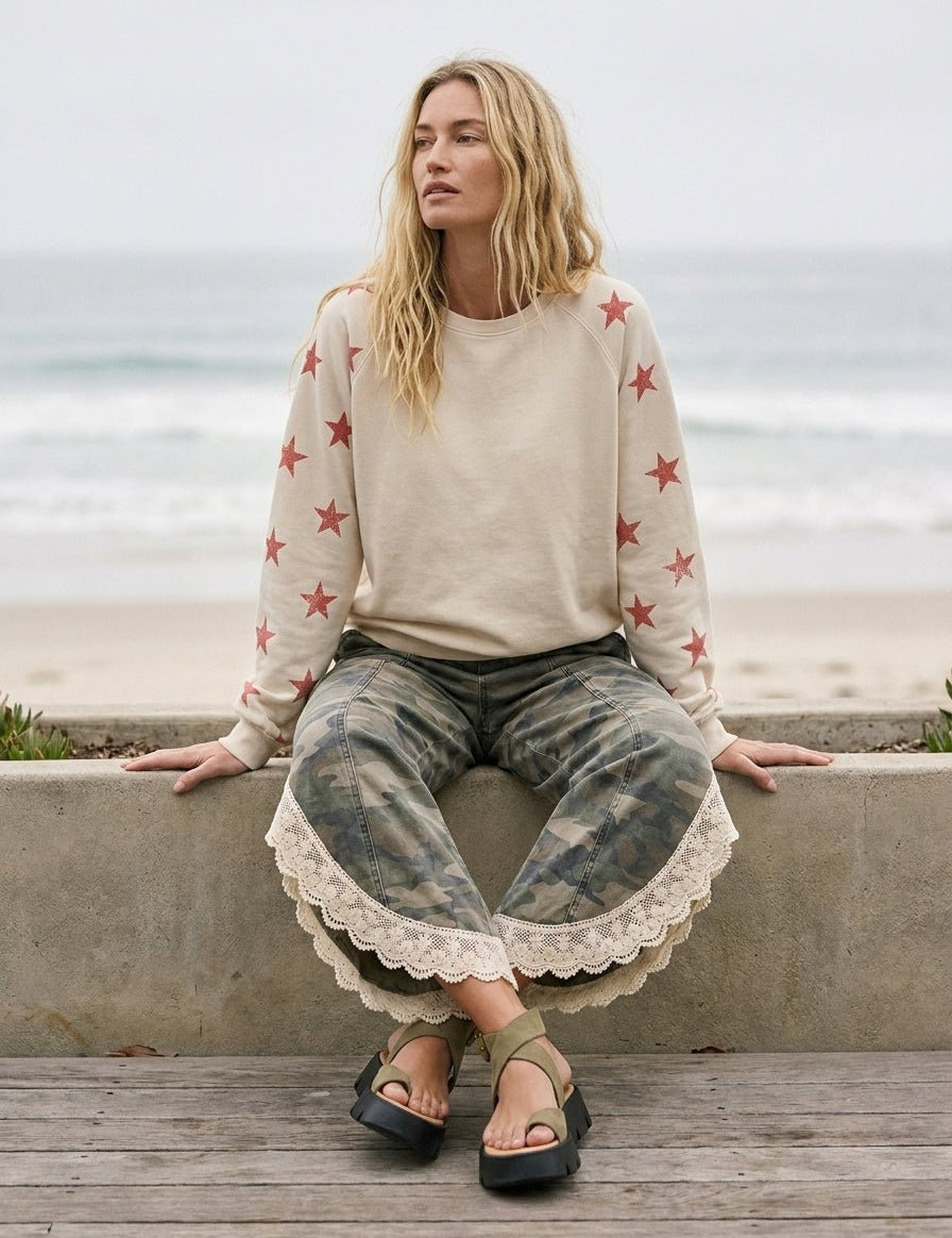 Chloe Lace Hem Tulip Washed Camo Pants - Westly
