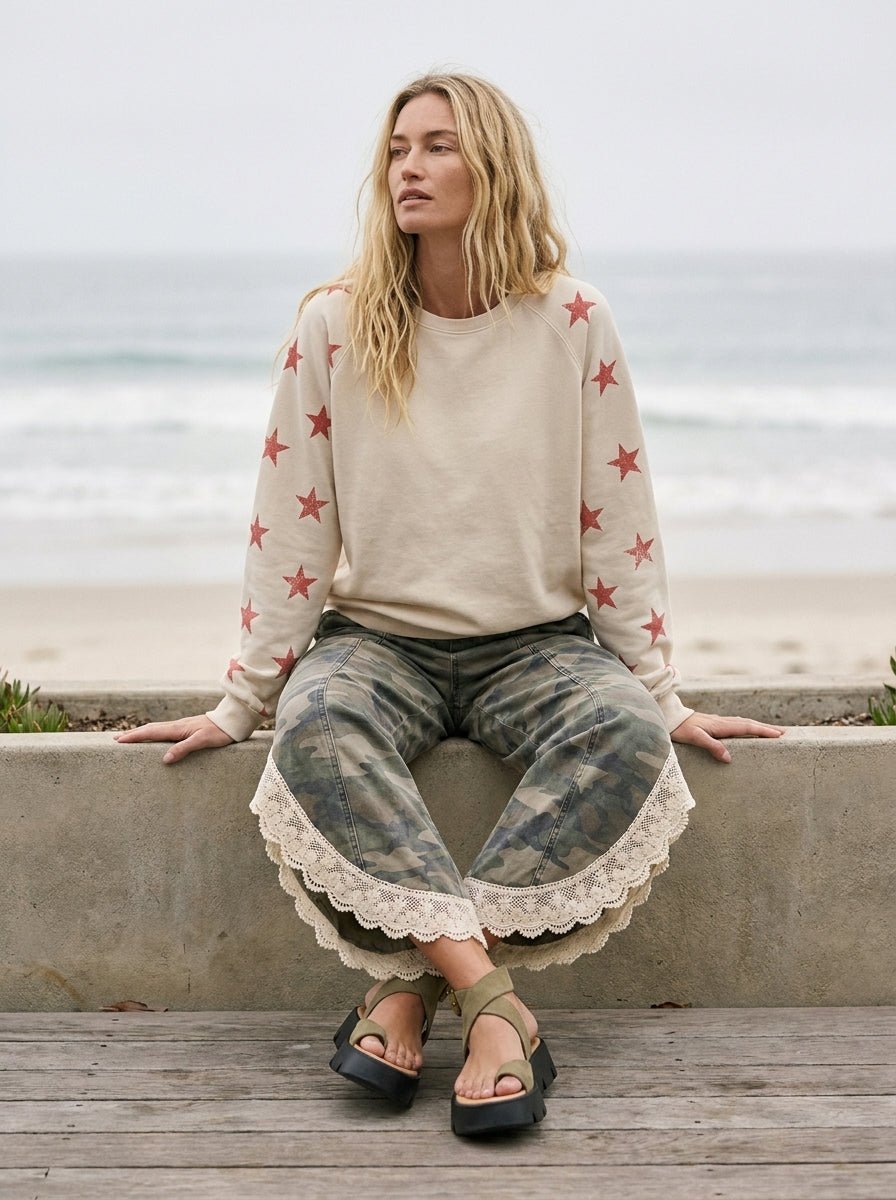 Chloe Lace Hem Tulip Washed Camo Pants - Westly