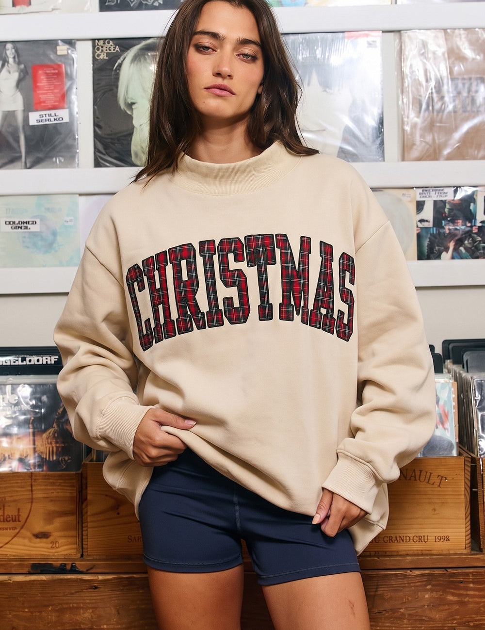 Christmas Cheer Plaid Applique Sweatshirt - Oatmeal