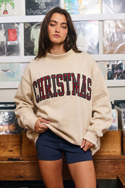 Christmas Cheer Plaid Applique Sweatshirt - Oatmeal
