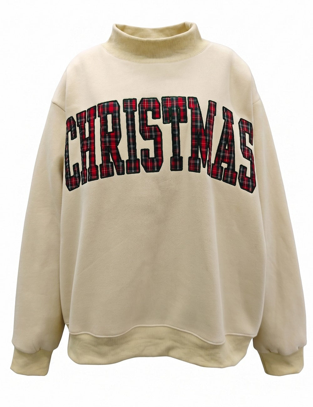 Christmas Cheer Plaid Applique Sweatshirt - Oatmeal